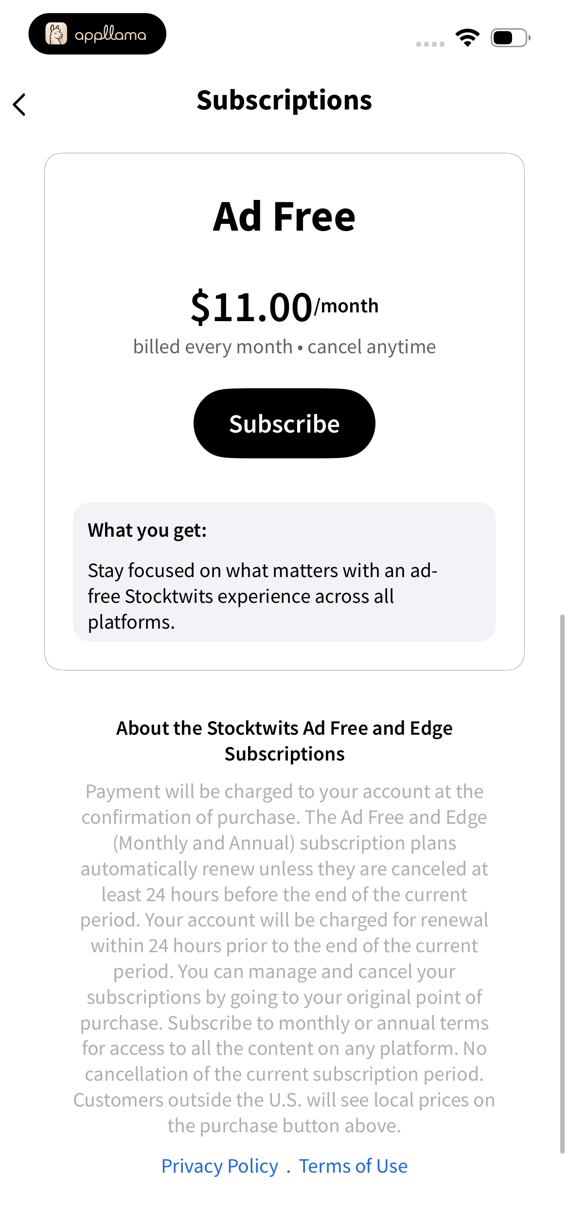 Ad Free Monthly Subscription