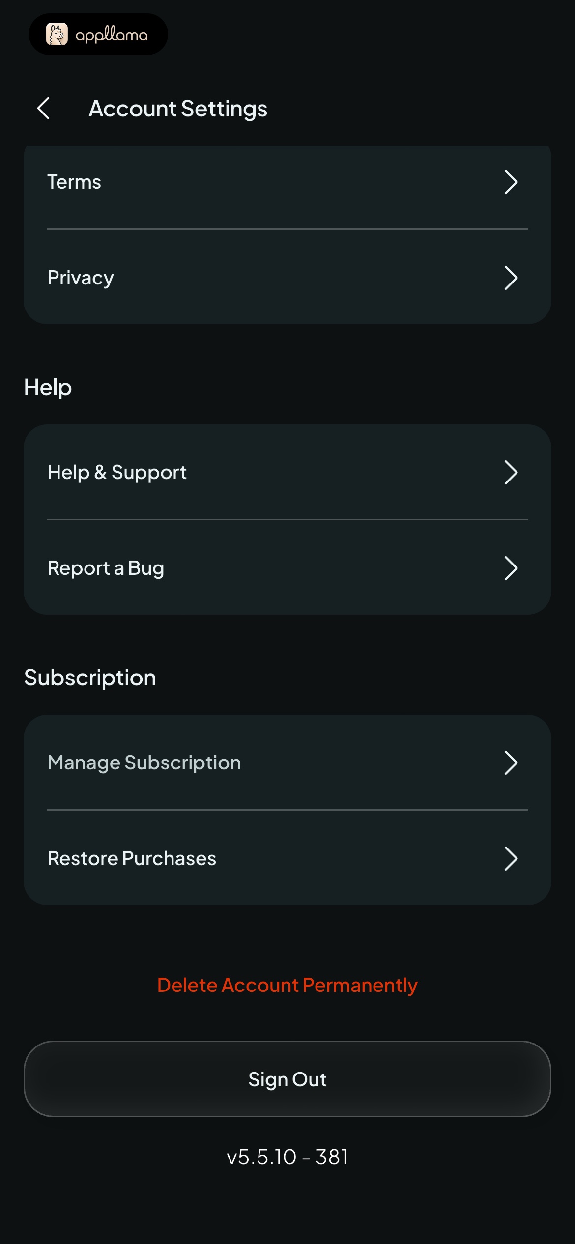 Account Settings Footer