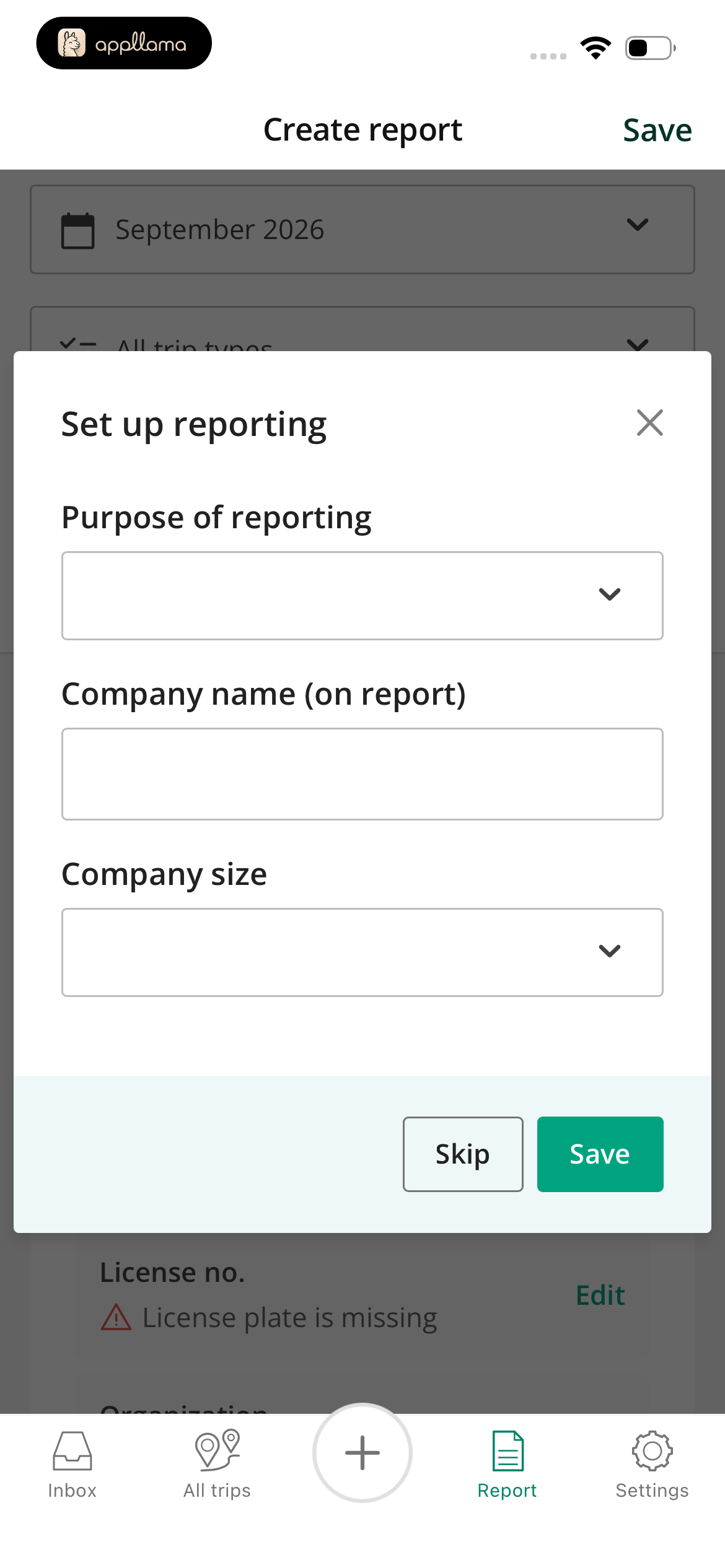 Reporting Setup Modal