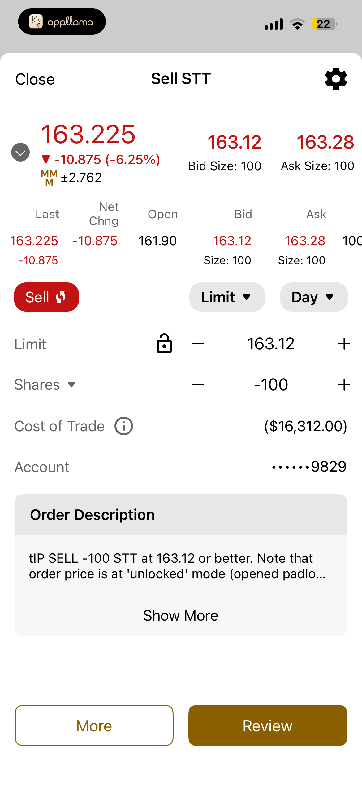 Sell STT Order Ticket