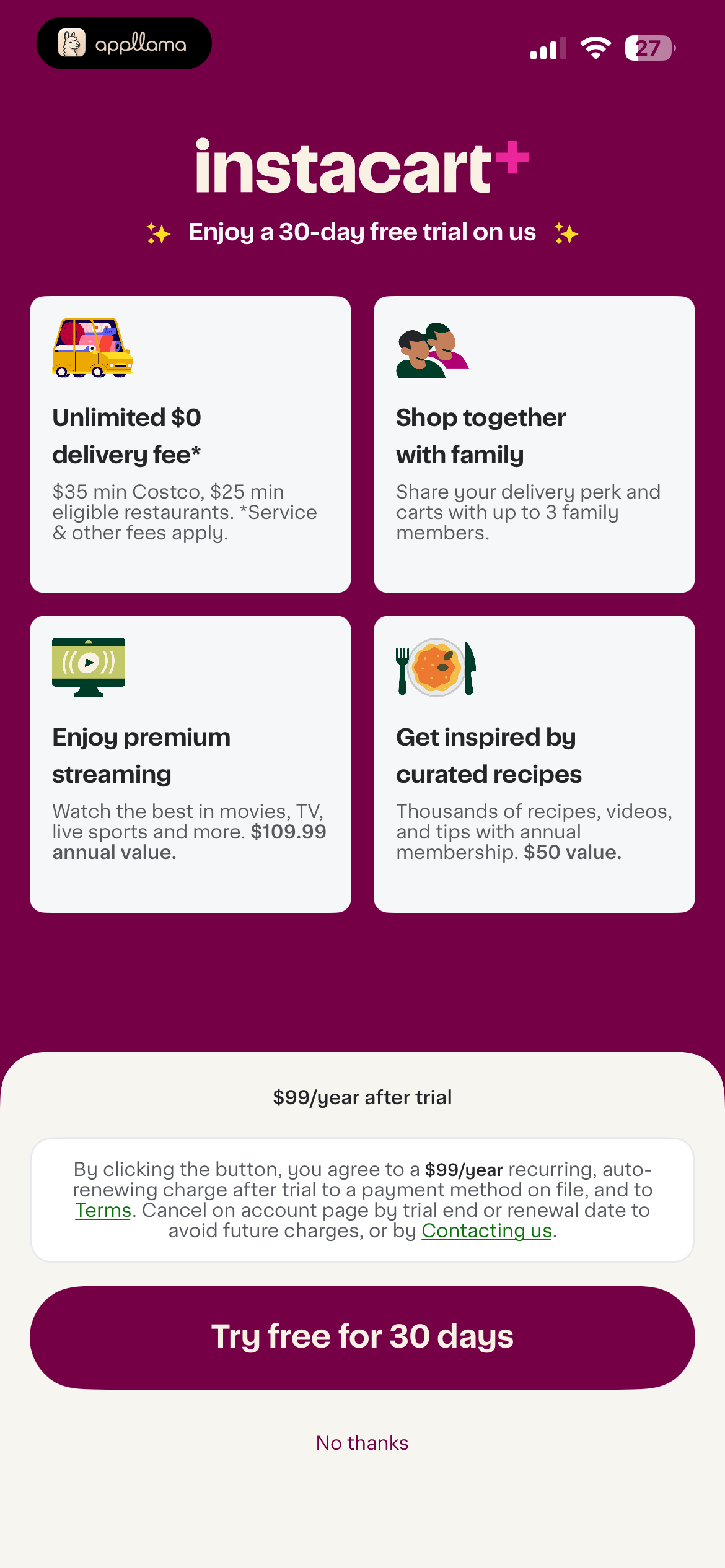 Instacart+ Trial Offer