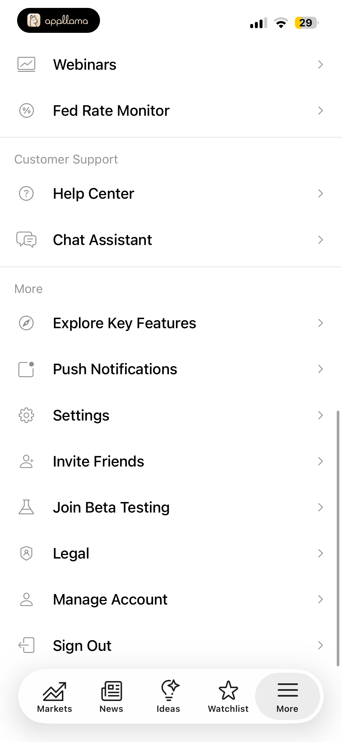More Menu Settings