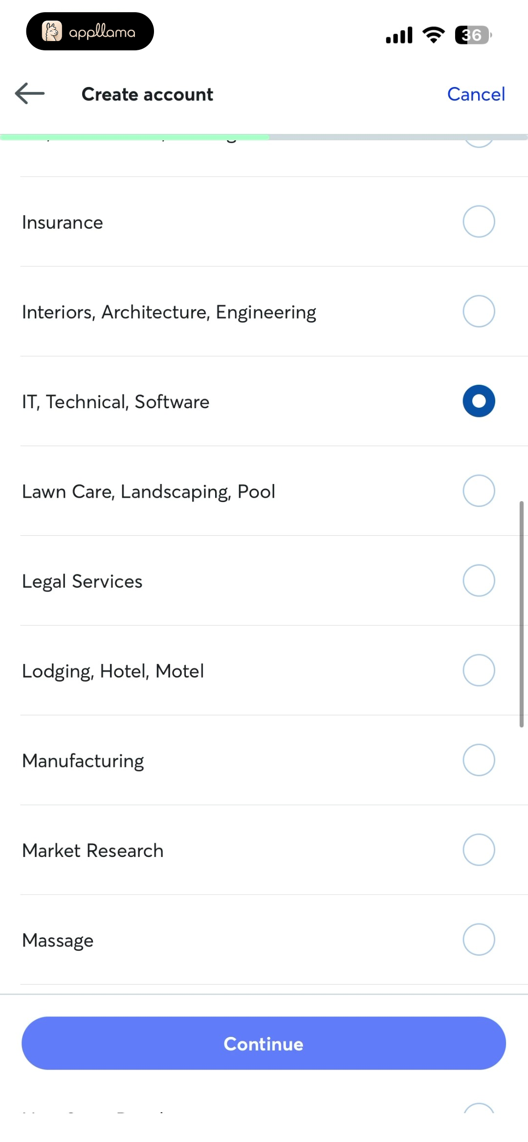 Business Category Selected