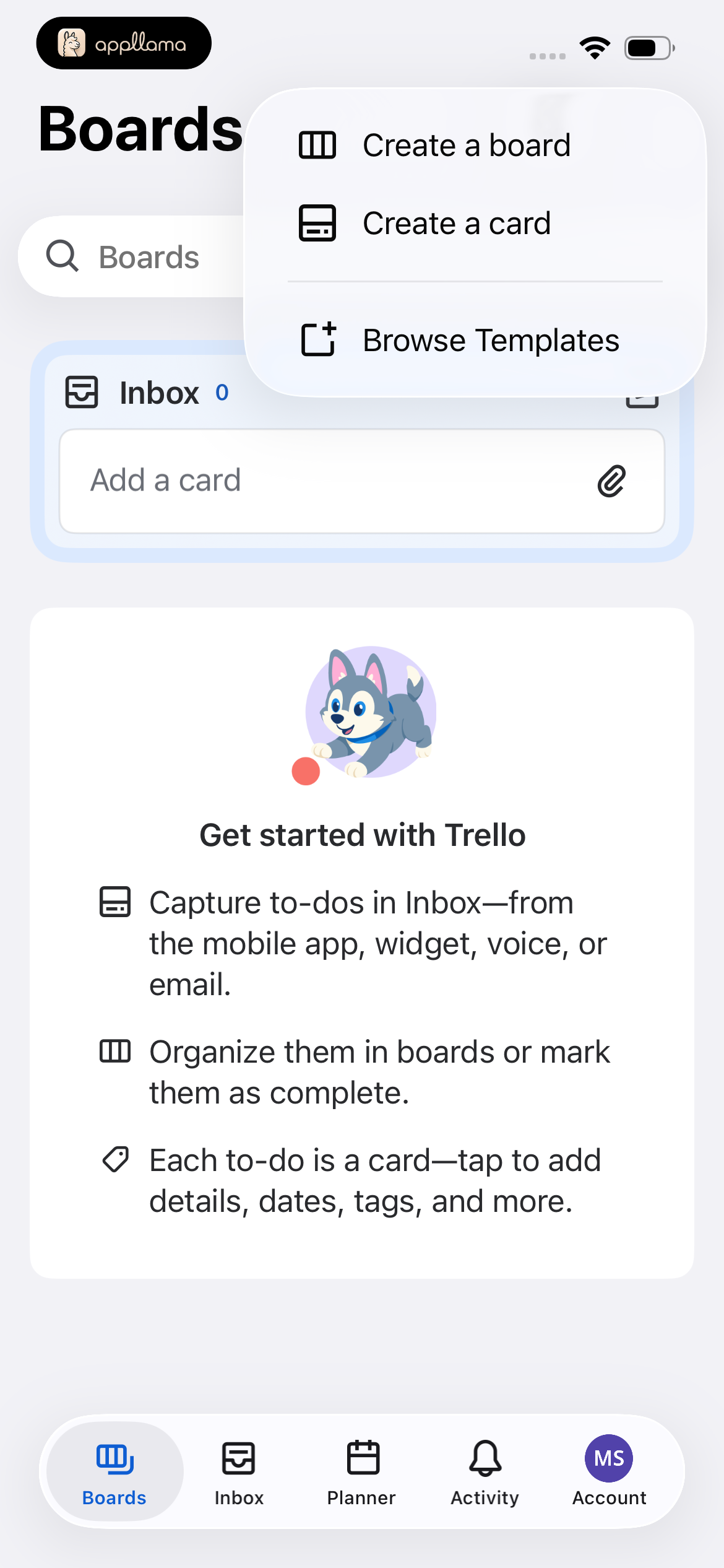 Boards Create Menu