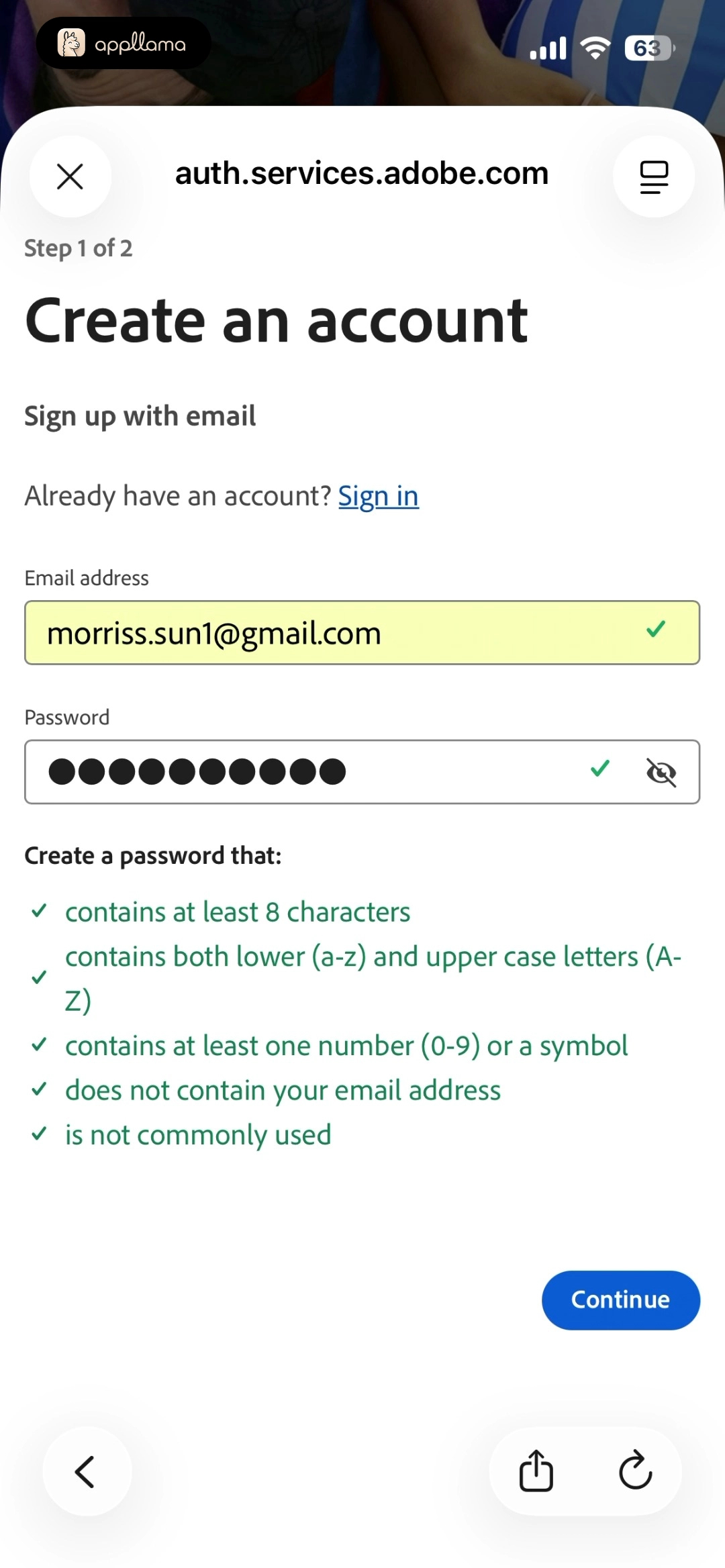 Create Account Step 1