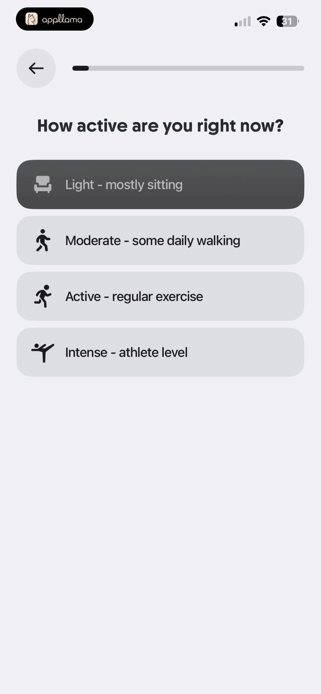 Activity Level Selected