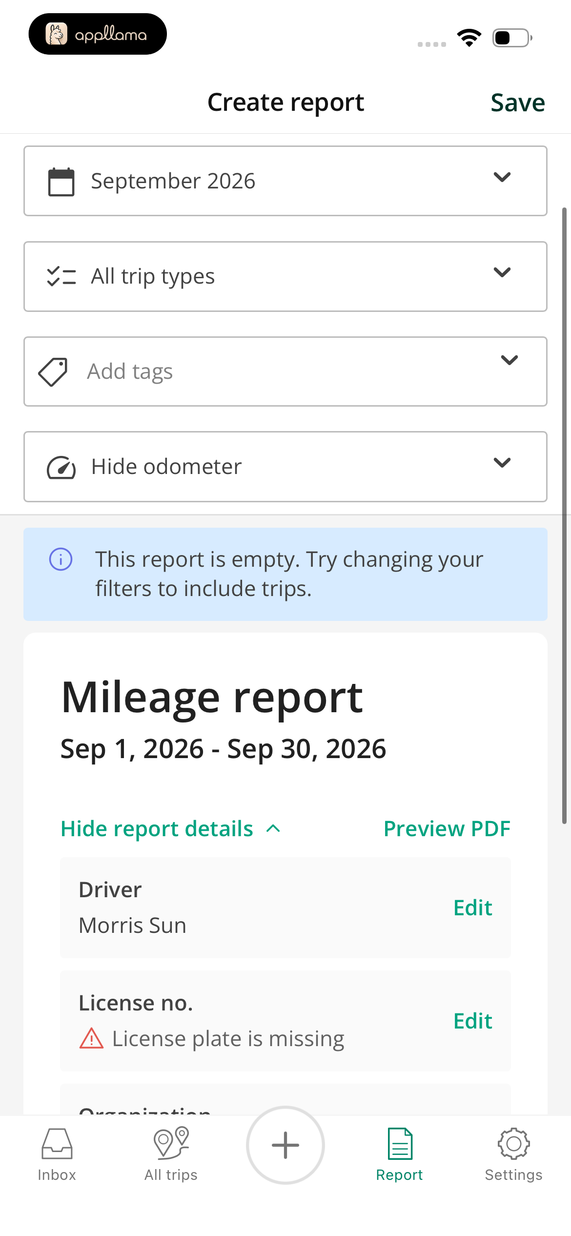 Mileage Report Preview