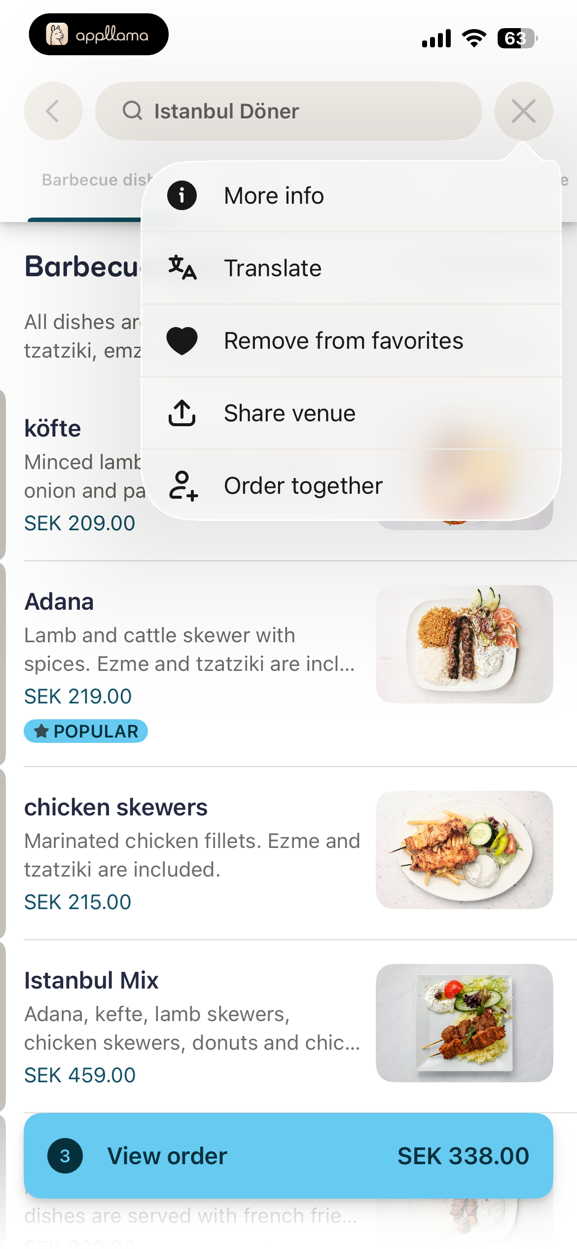 Restaurant Actions Menu
