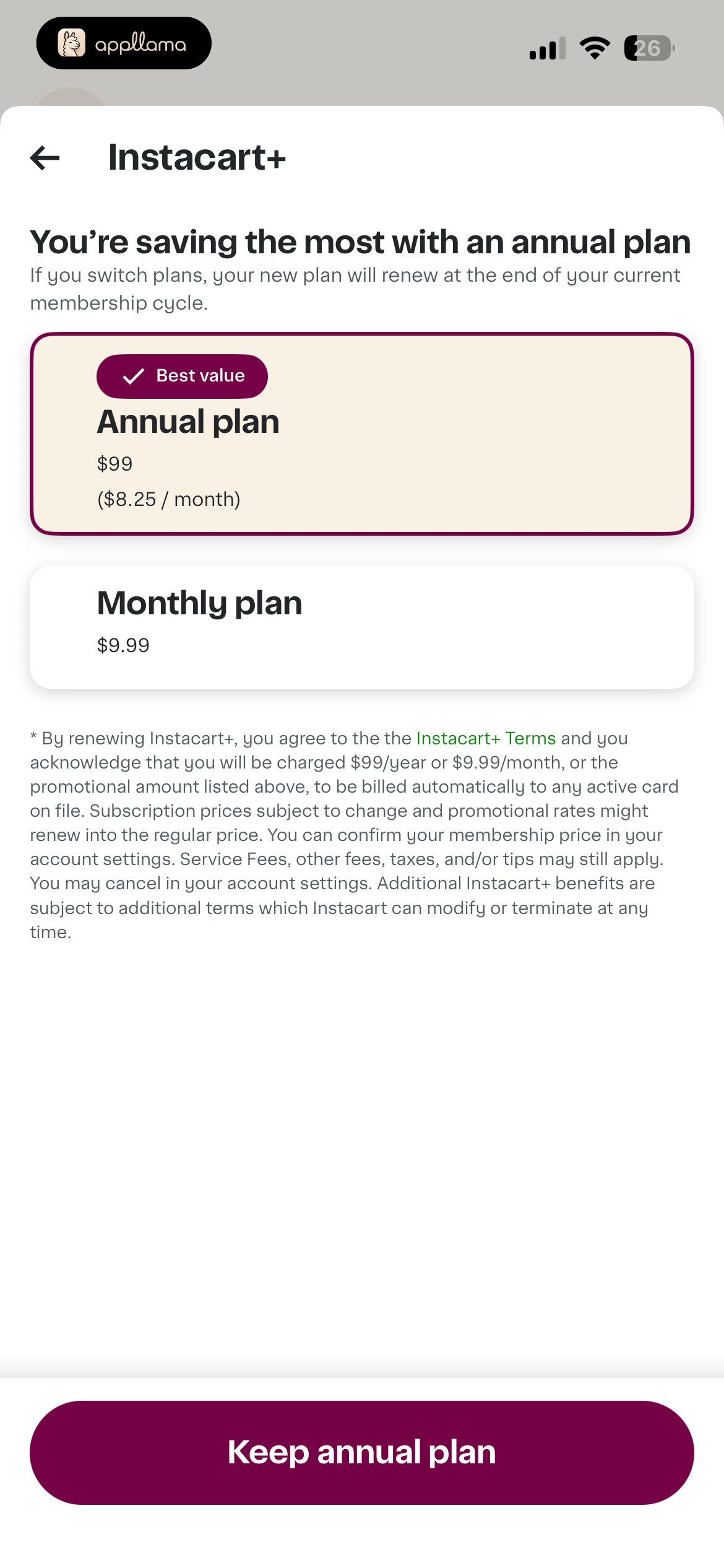 Instacart+ Plan Selection