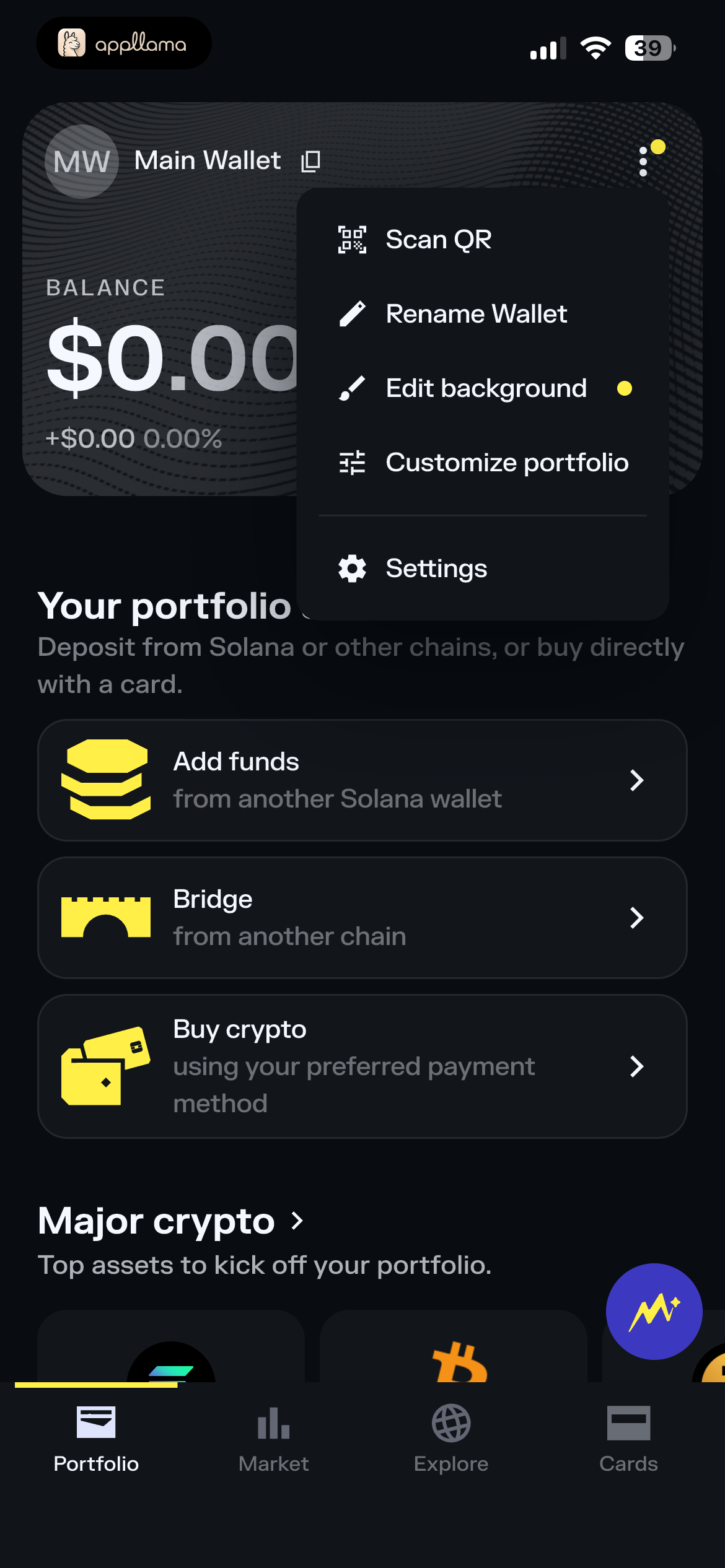 Portfolio Wallet Menu