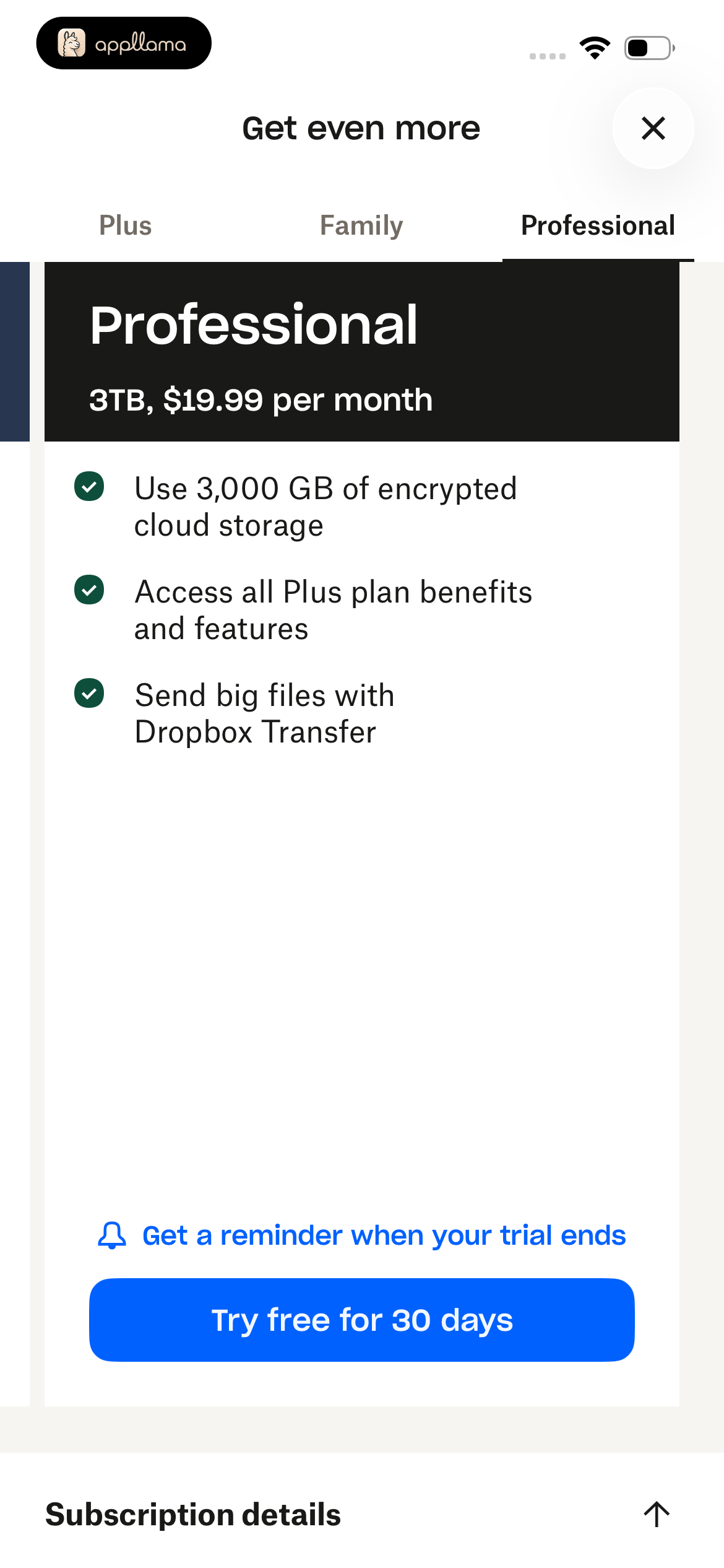 Professional Plan Details