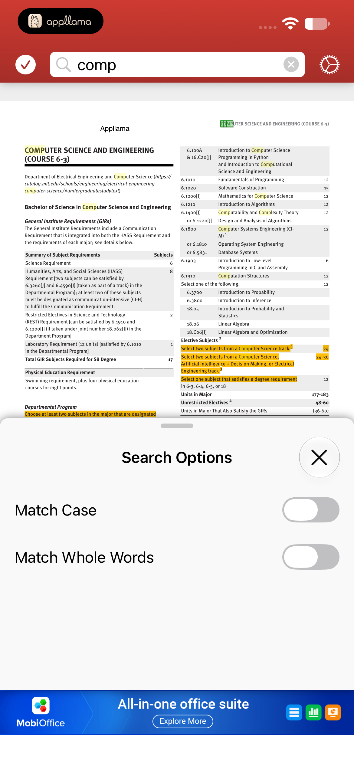 PDF Search Options