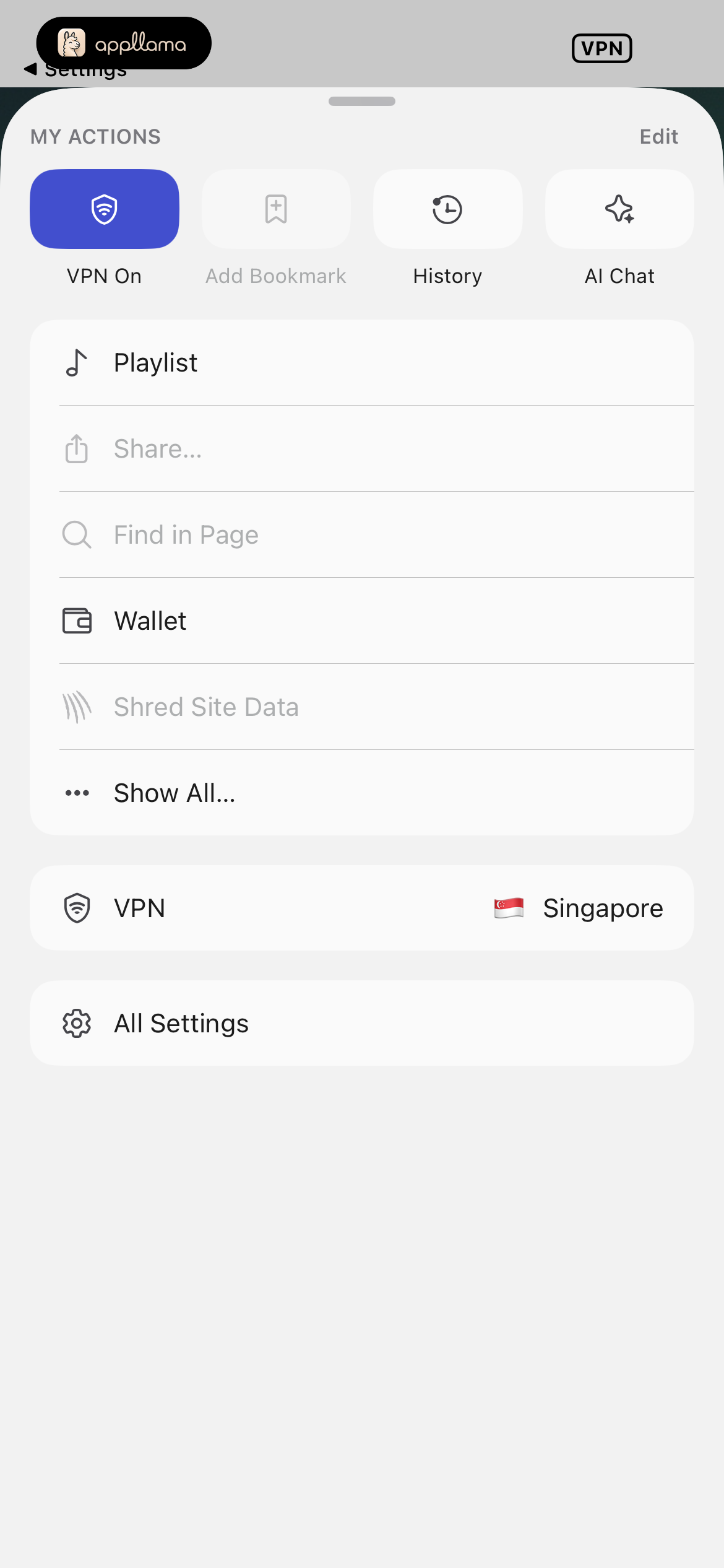 Quick Actions Menu