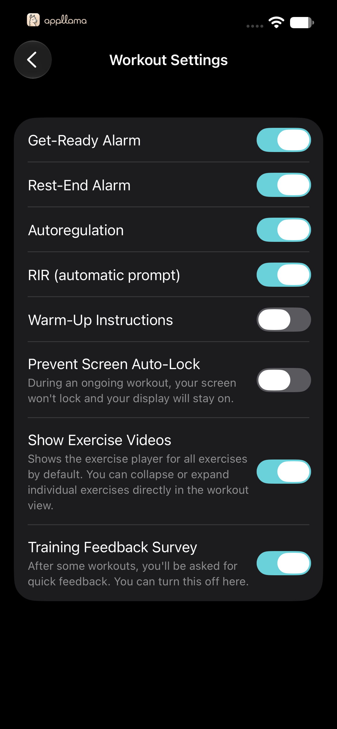 Workout Settings