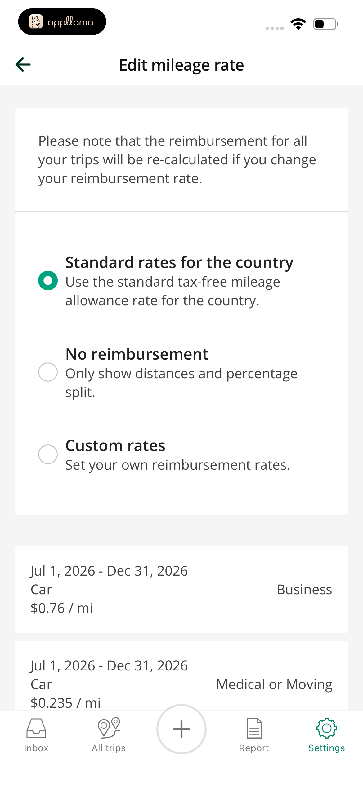 Edit Mileage Rate