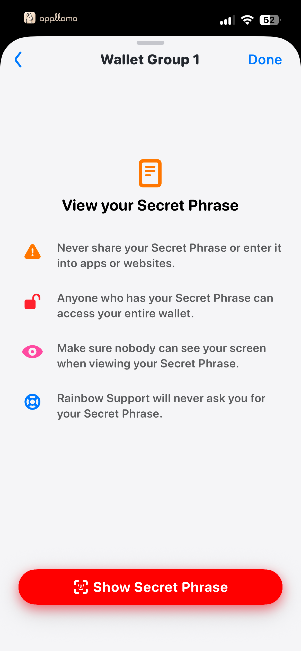 Secret Phrase Warning