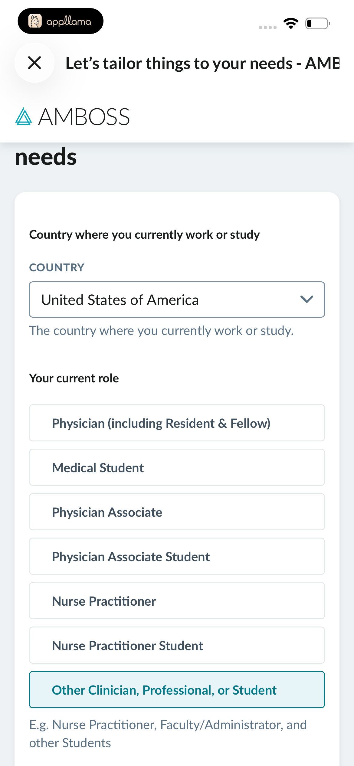 Onboarding Country and Career Selection