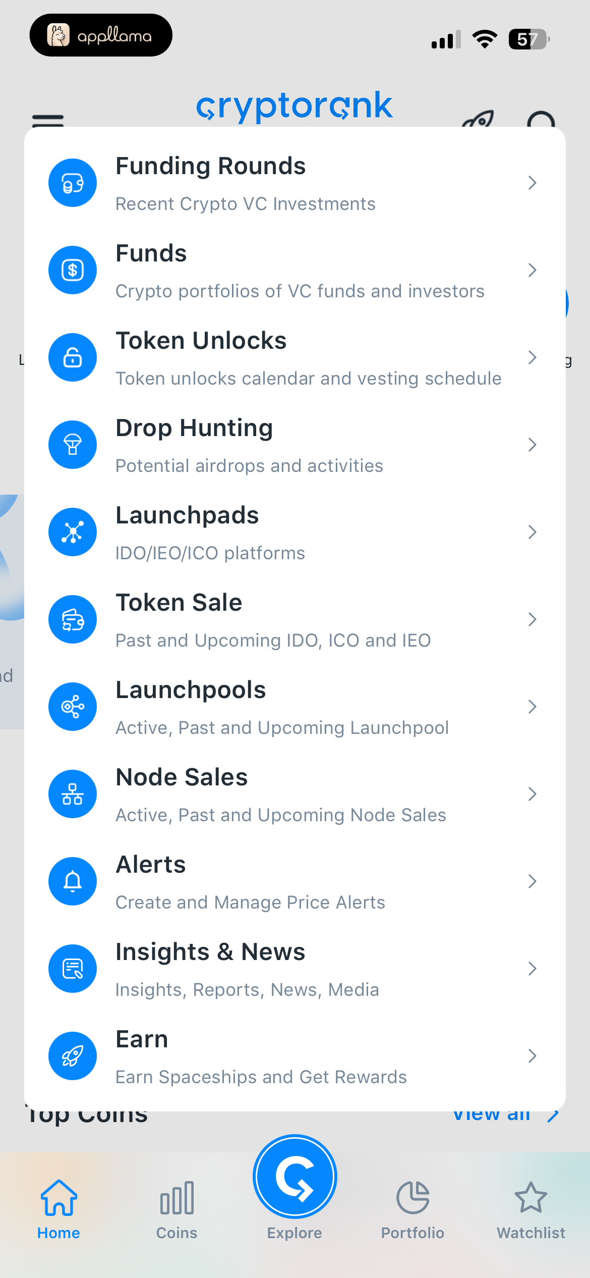 CryptoRank Tools Menu