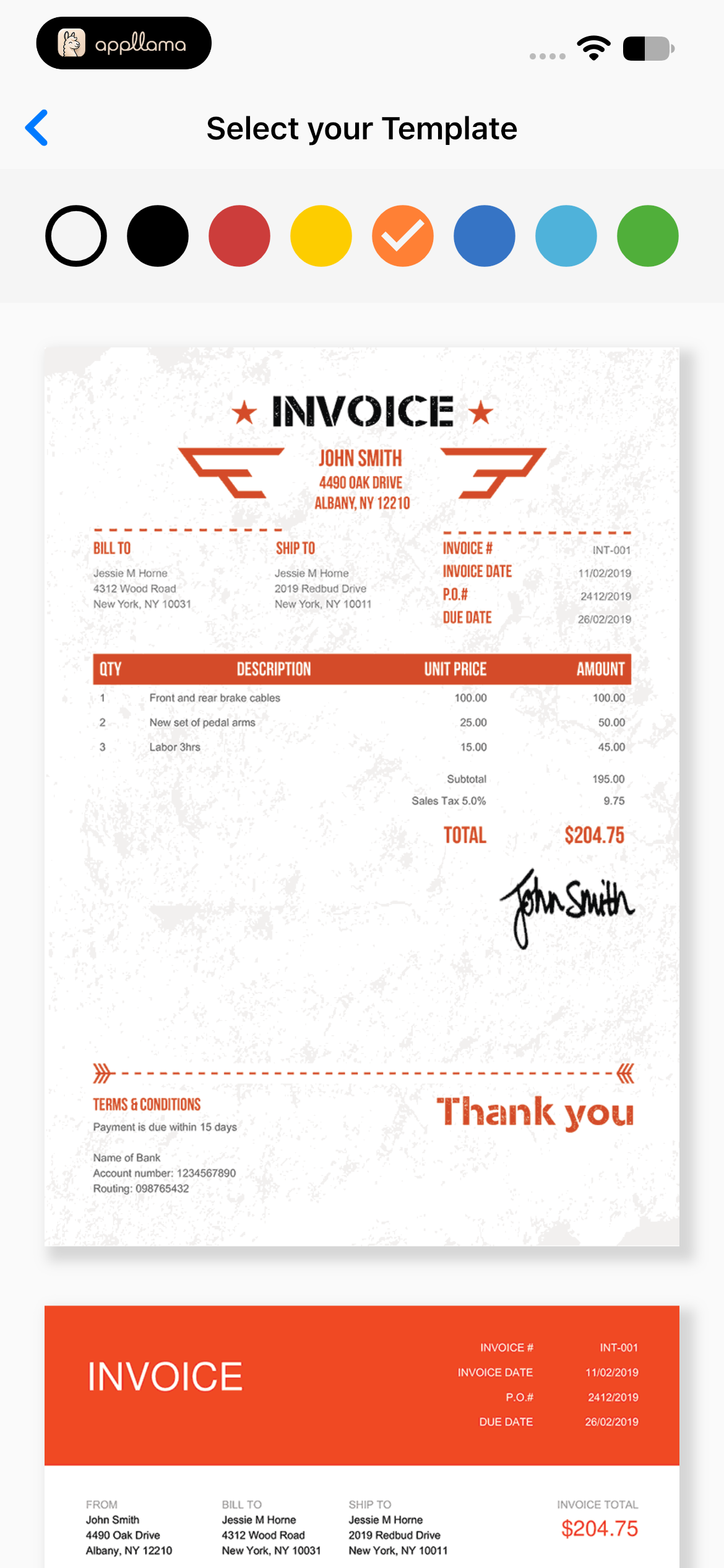 Orange Invoice Template Picker