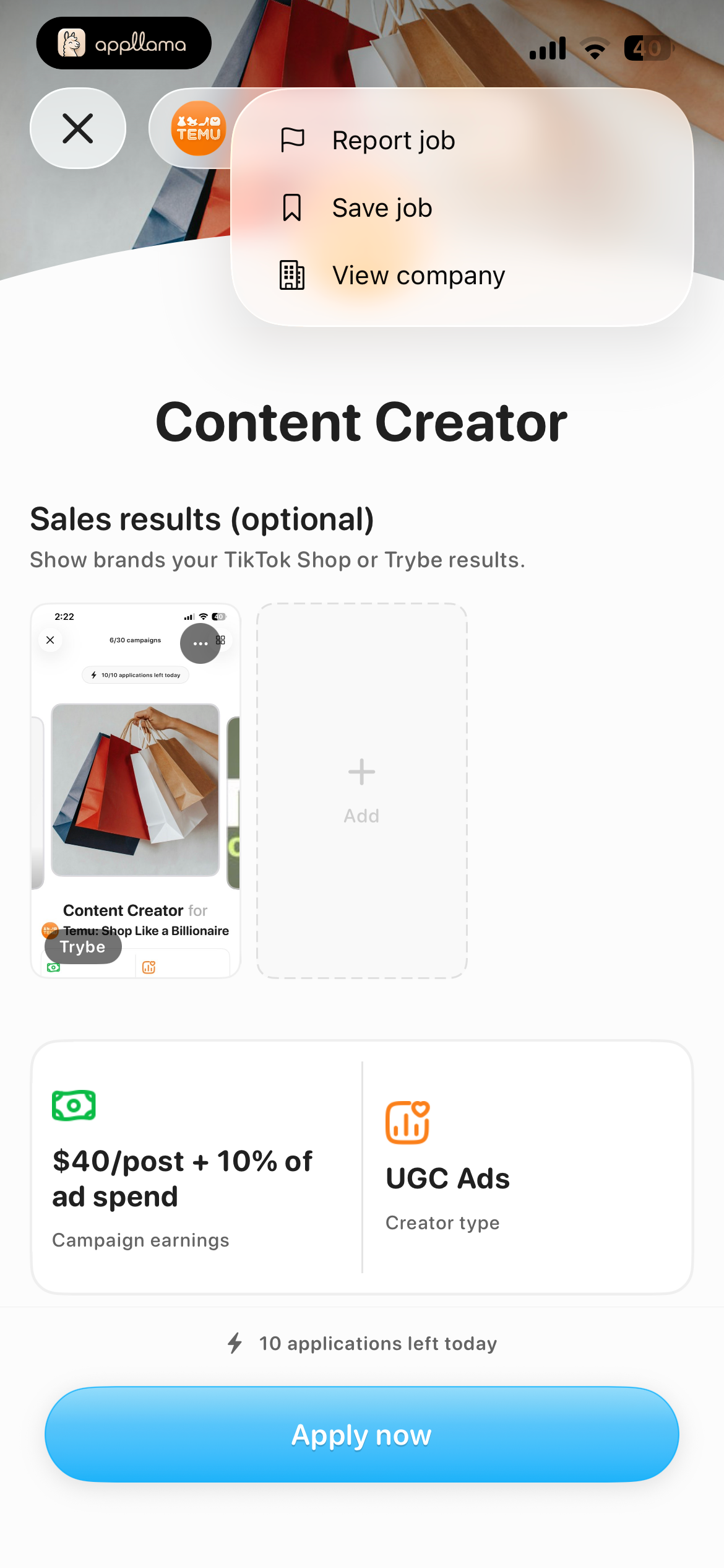 Sales Evidence Menu