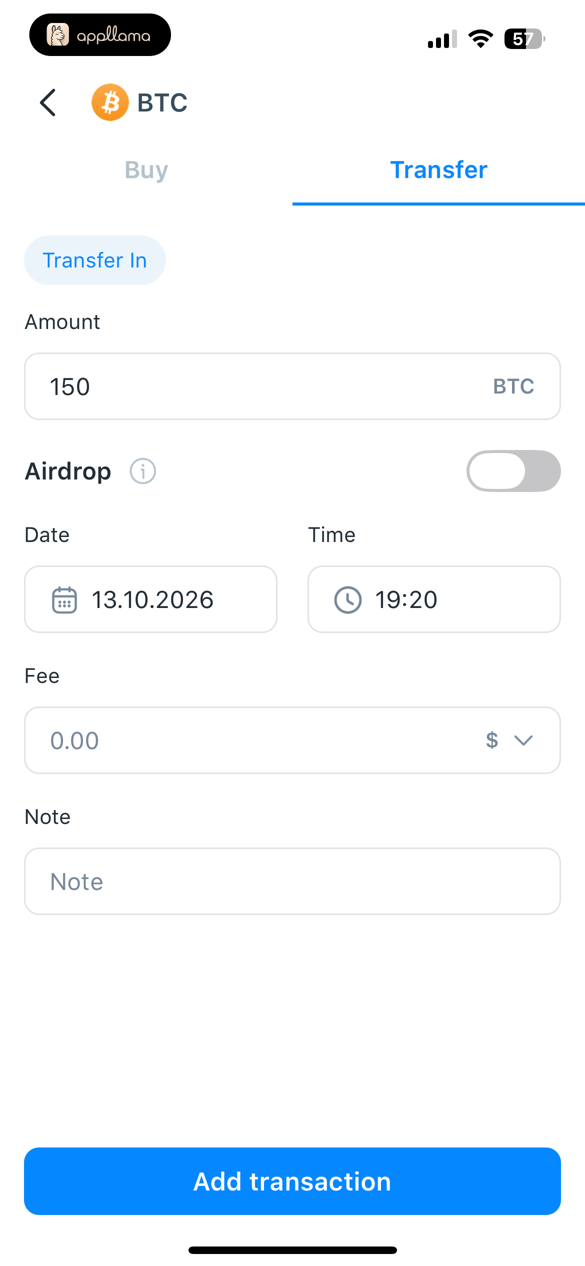 Add Transfer Transaction