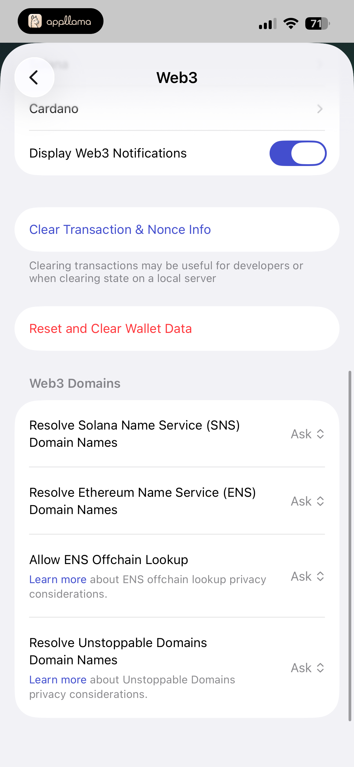 Web3 Settings Detail