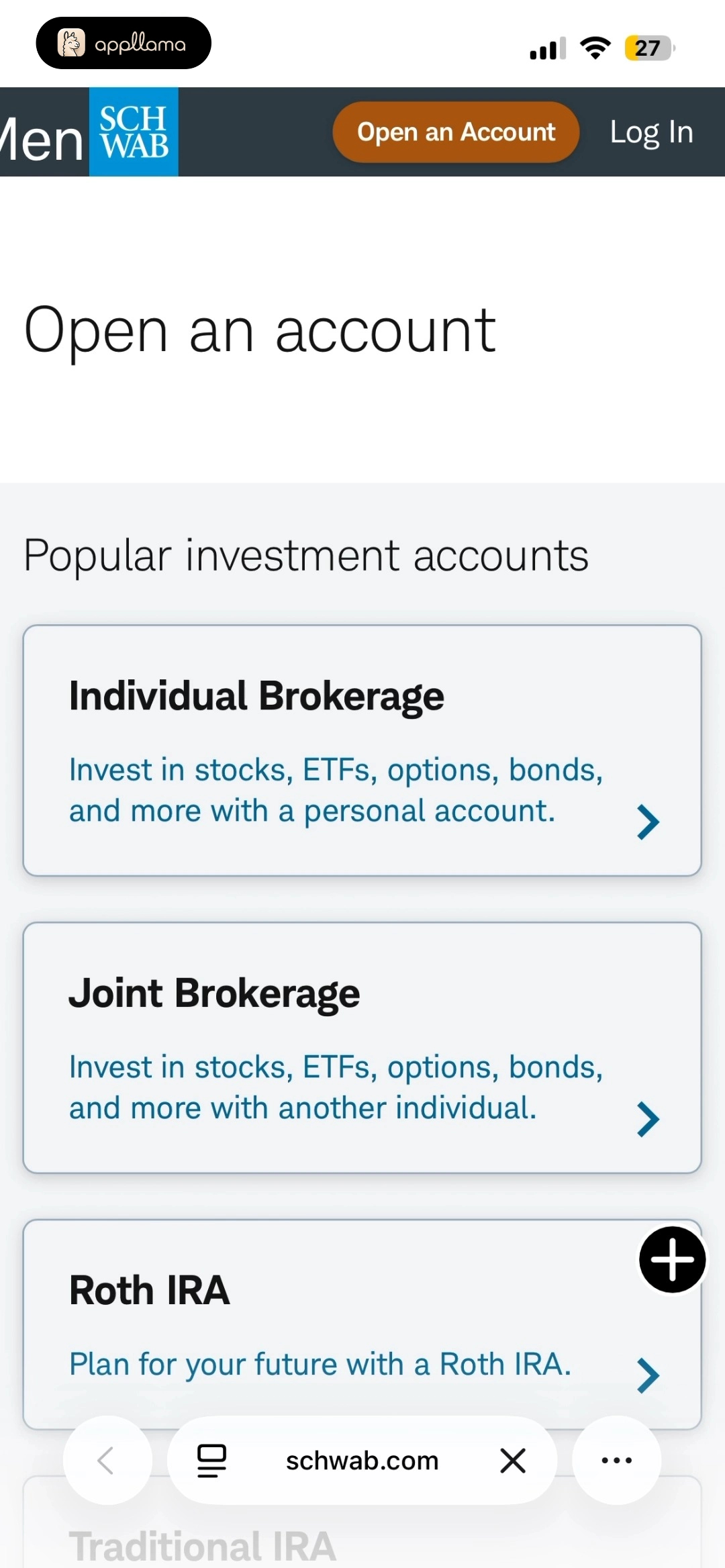 Open Account Selection