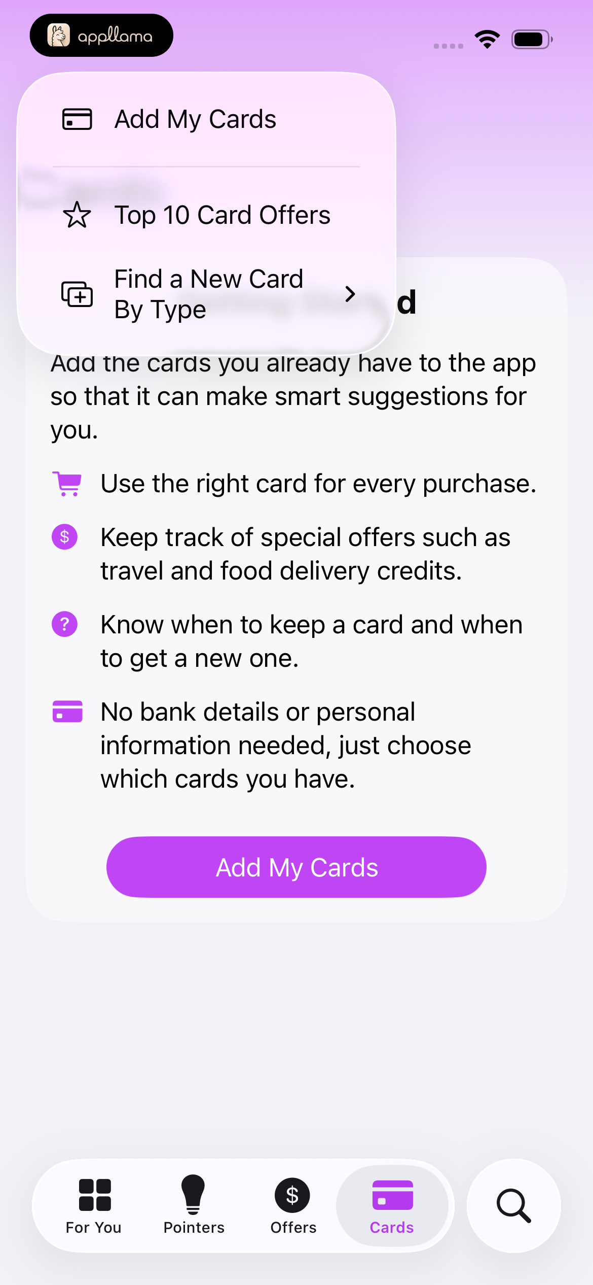 Cards Add Menu