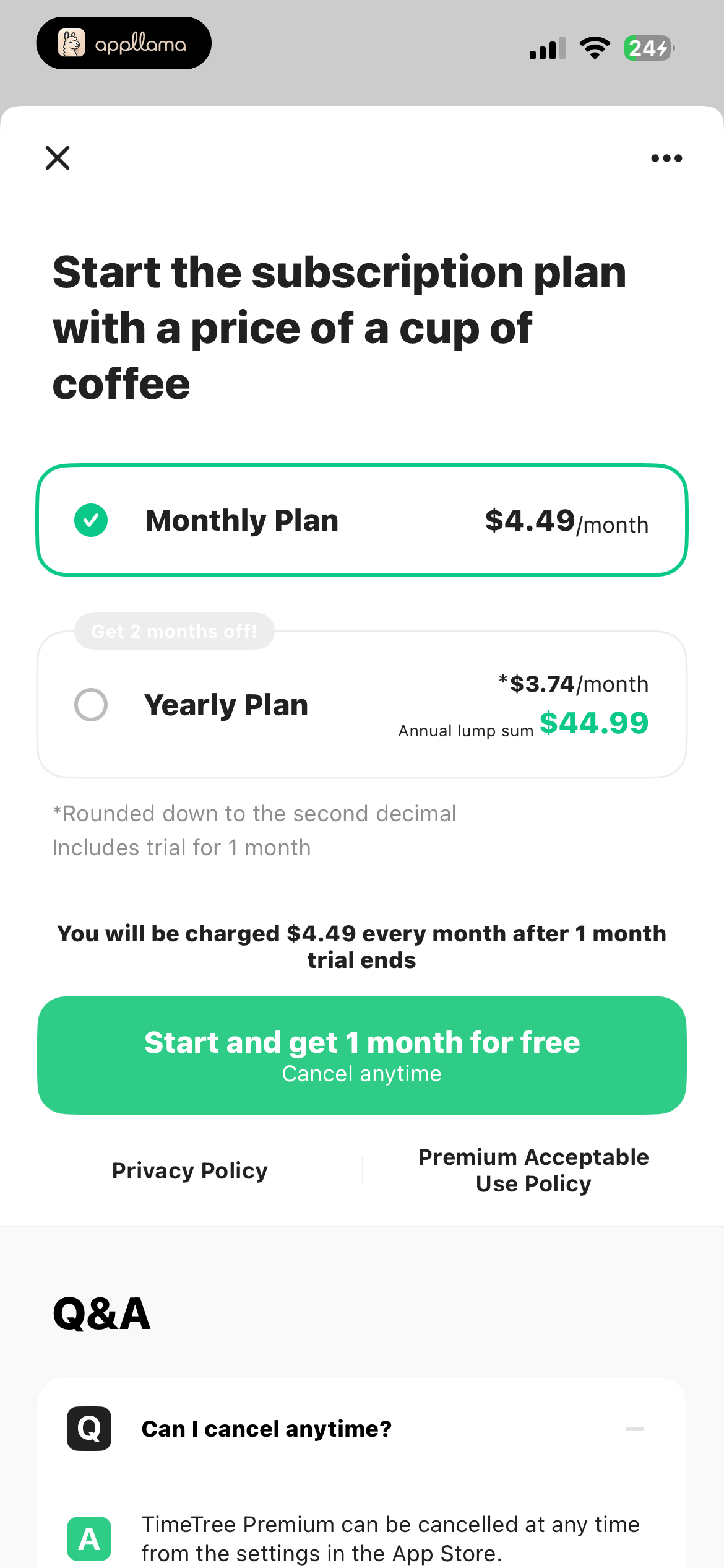 Monthly Plan Selected