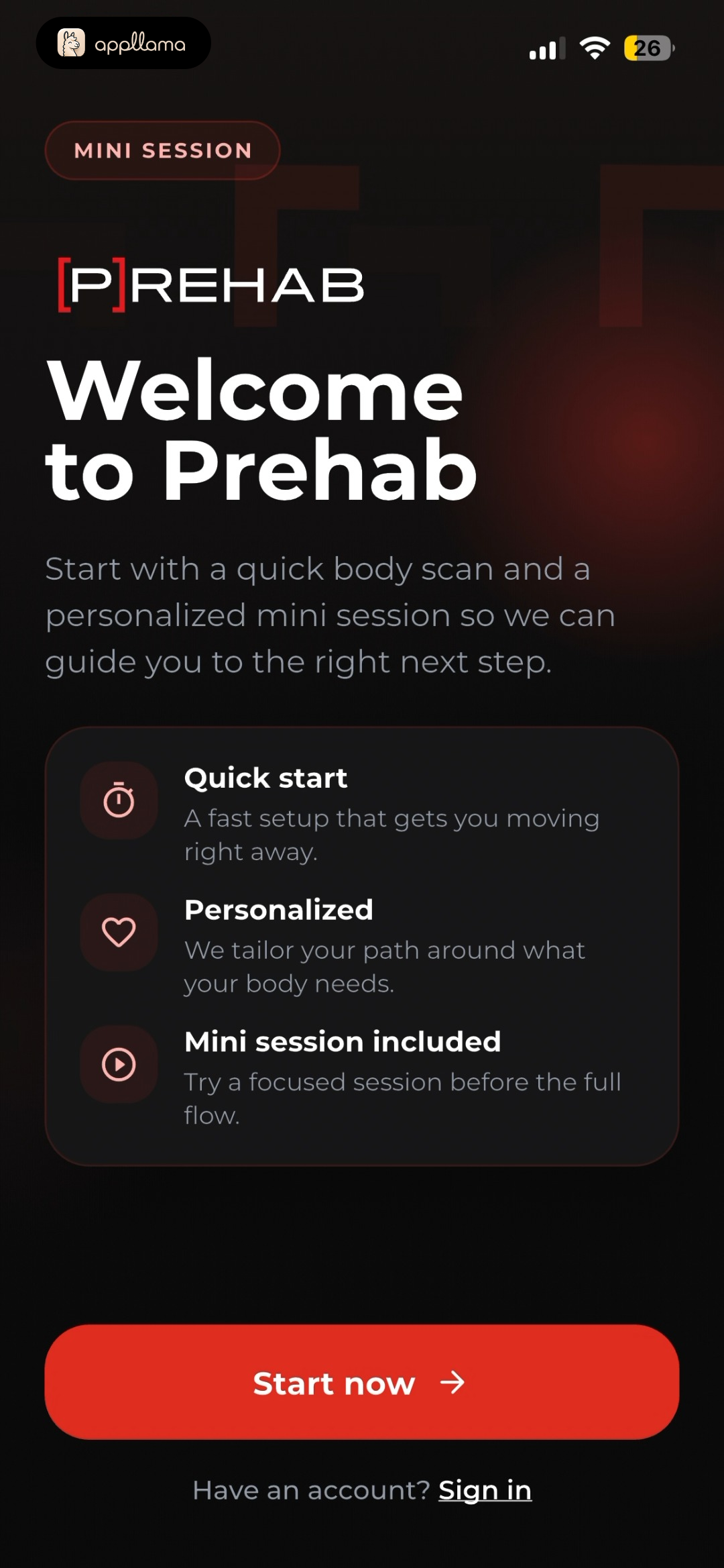 Prehab: Physical Therapy, Pain home screen