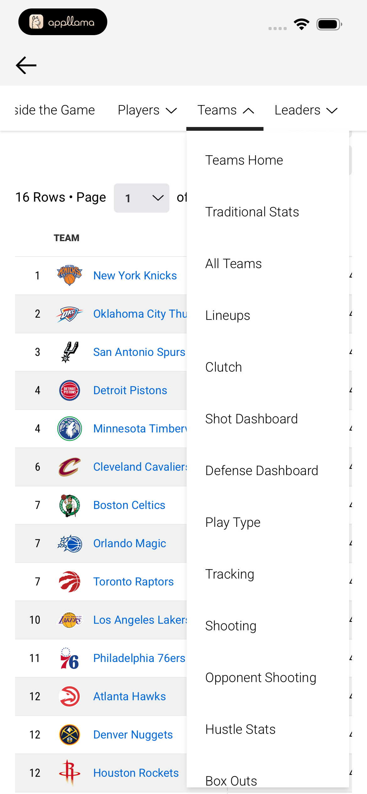 Teams Nav Dropdown