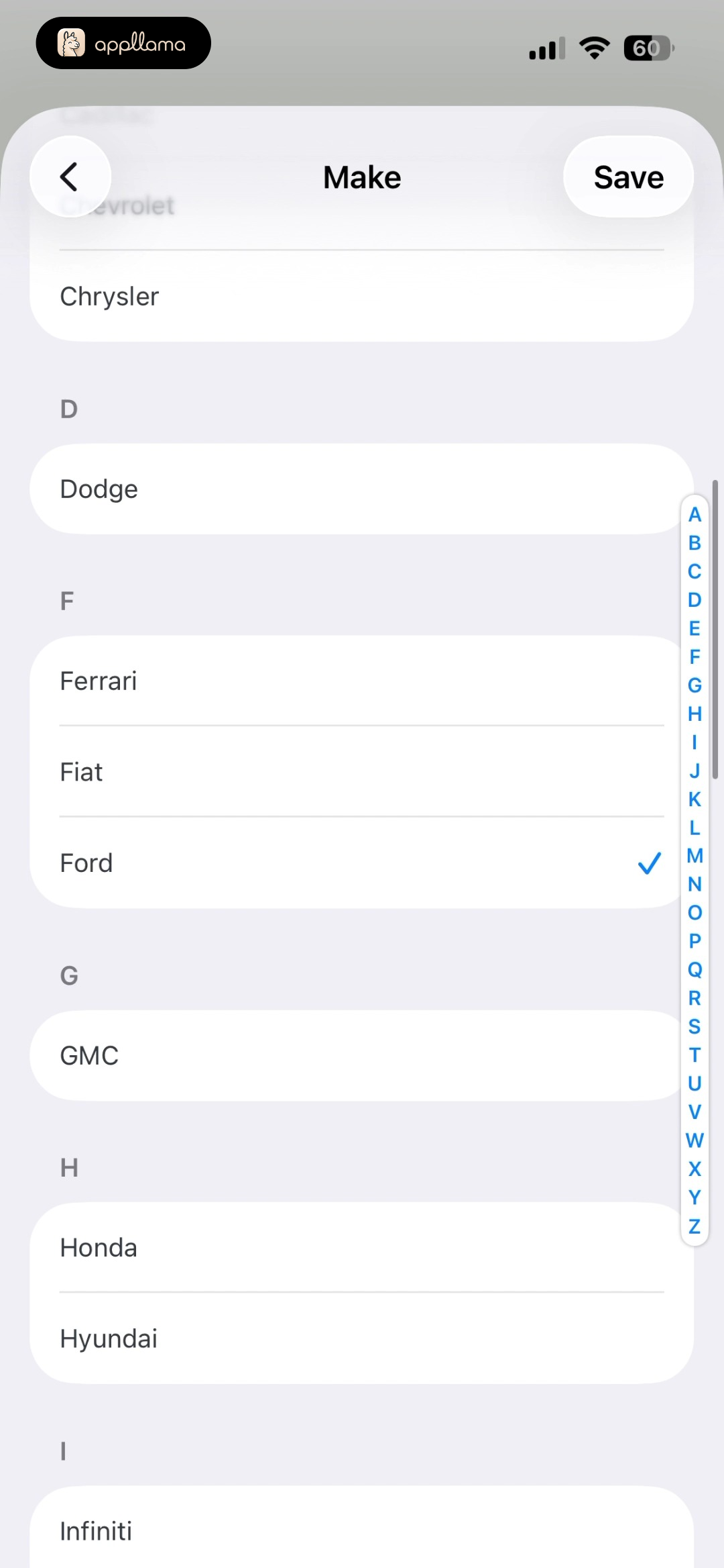 Vehicle Make Selection