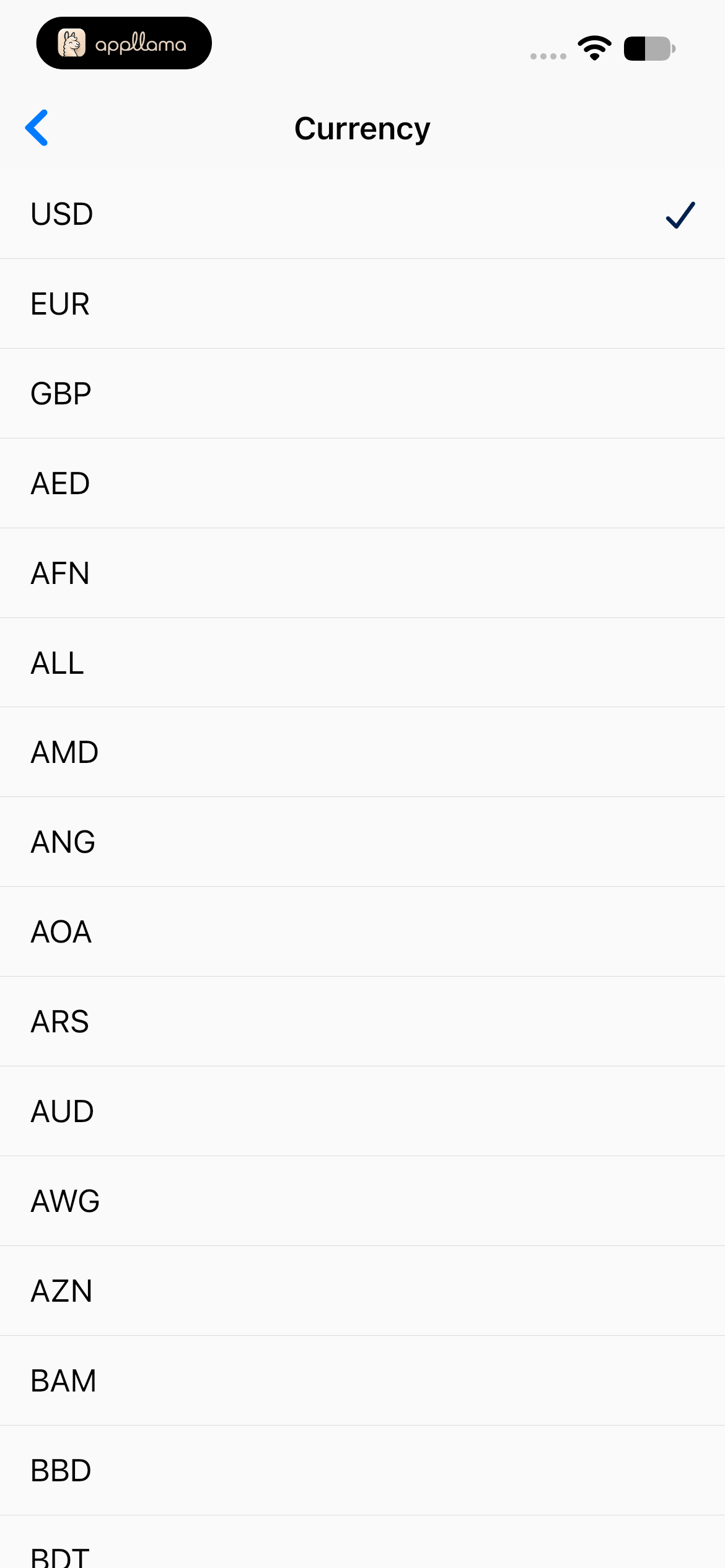 Currency Selection