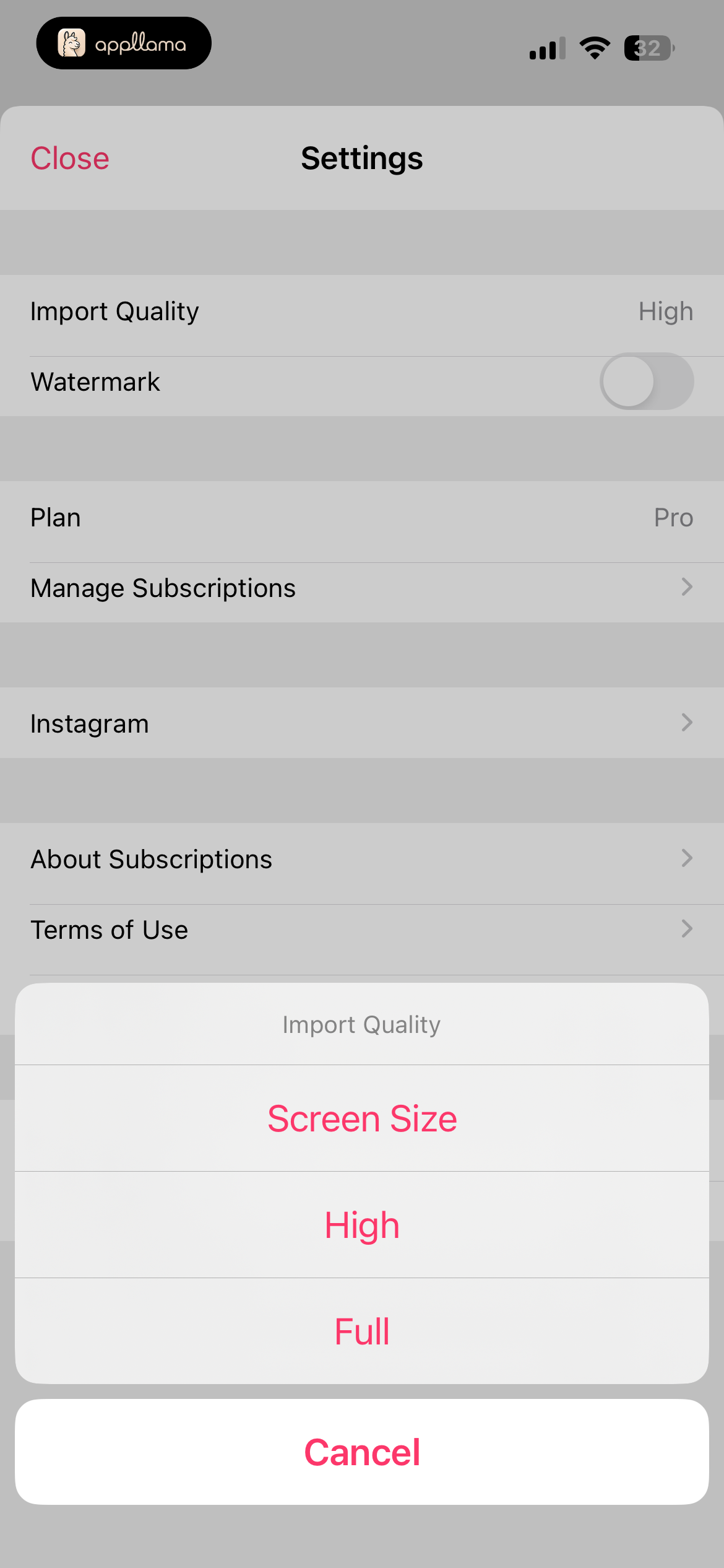 Import Quality Menu