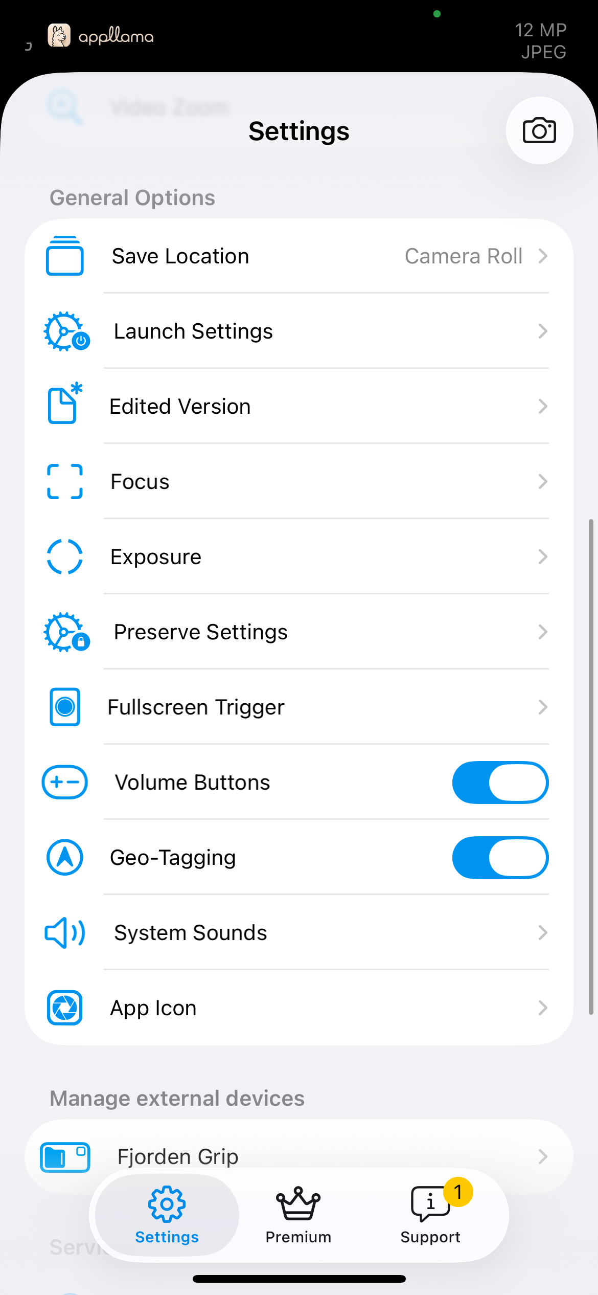 Settings Camera Options