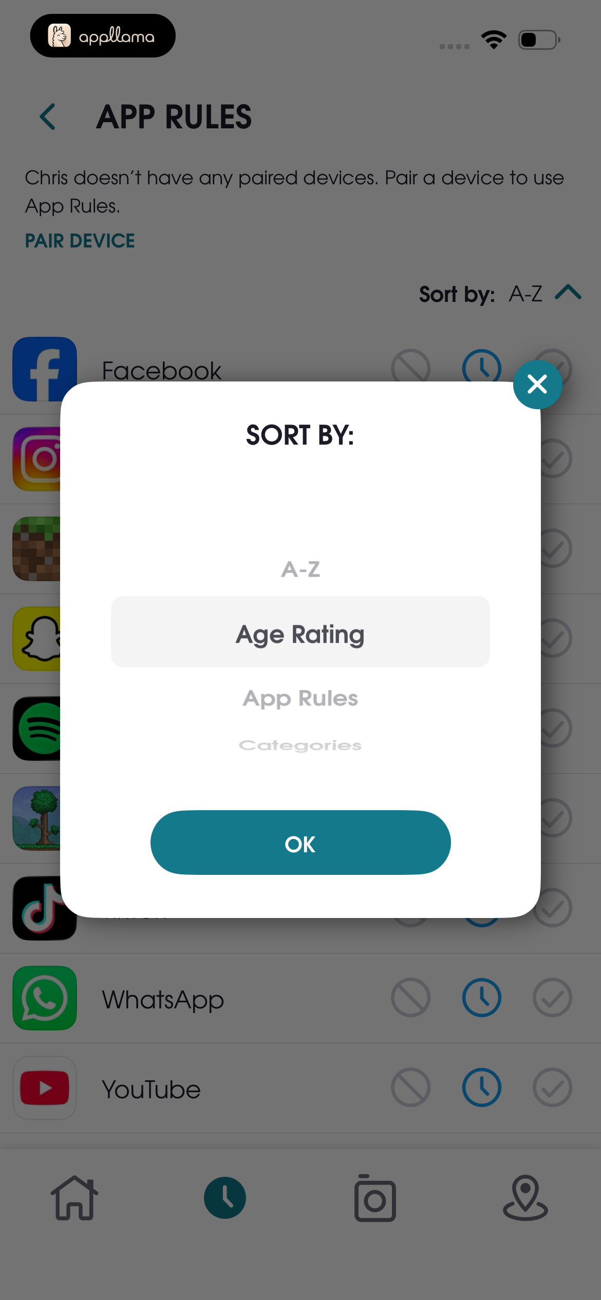 App Rules Sort Modal